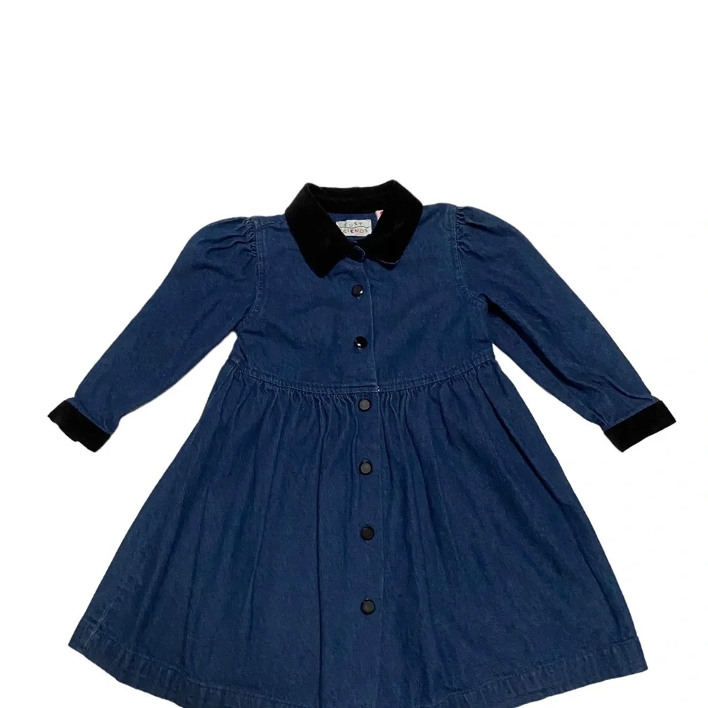 Vintage Just Friends Denim Dress Long Sleeve Velvet Collar & Cuff Dress 3T